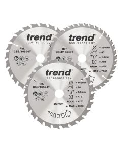 CSB/165/3PK/C - Trend Wood Cordless Circular Saw Blade 165mm x 20mm x 24/40T, 3 Pack