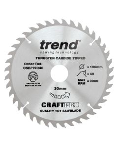 CSB/19040 - The Craft Pro 190mm diameter 30mm bore 40 tooth general purpose saw blade for hand held circular saws.