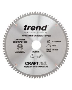 CSB/AP21680 - Craft saw blade aluminium and plastic 216mm x 80 teeth x 30mm