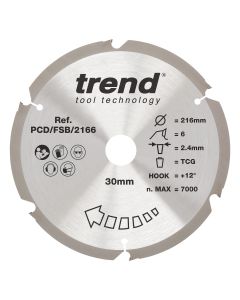 PCD/FSB/2166 - Trend PCD Fibre Cement Circular Saw Blade 216mm x 30mm x 6T